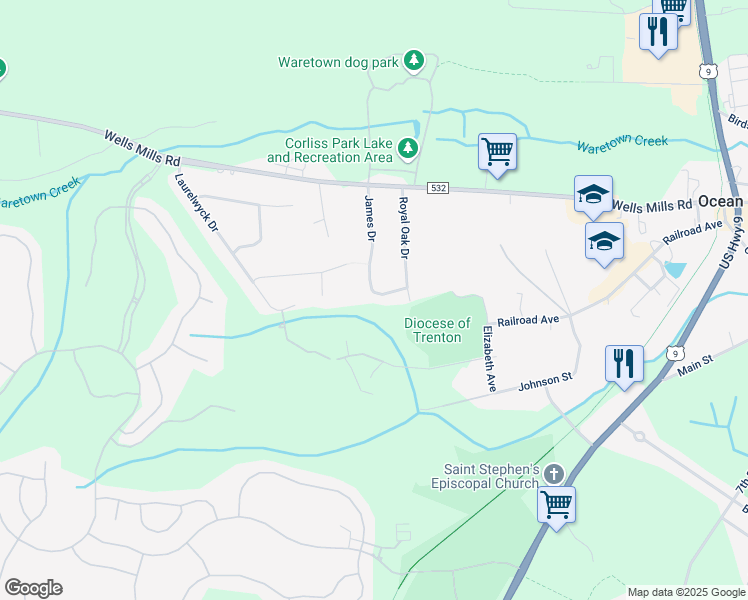 map of restaurants, bars, coffee shops, grocery stores, and more near 26 James Drive in Ocean Township