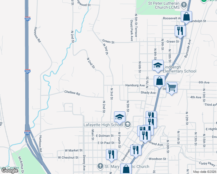 map of restaurants, bars, coffee shops, grocery stores, and more near 2512 North 3rd Street in Saint Joseph