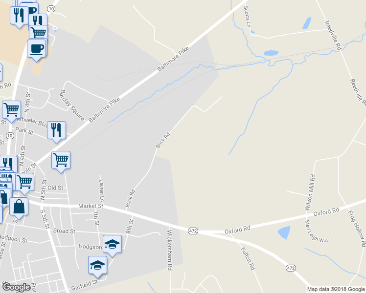 map of restaurants, bars, coffee shops, grocery stores, and more near 229 Brick Road in Oxford