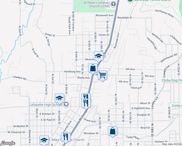 map of restaurants, bars, coffee shops, grocery stores, and more near 2609 Saint Joseph Avenue in Saint Joseph