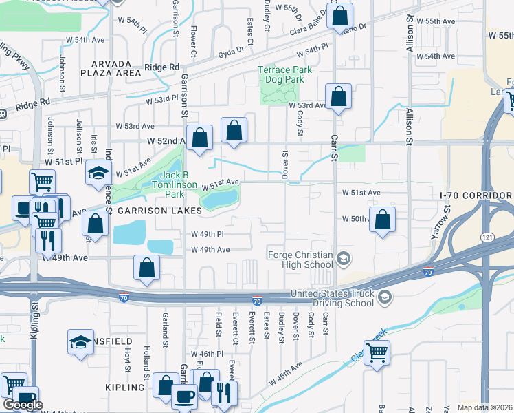 map of restaurants, bars, coffee shops, grocery stores, and more near 4989 Estes Court in Arvada