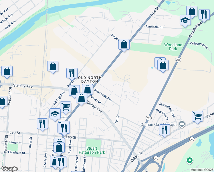 map of restaurants, bars, coffee shops, grocery stores, and more near 23 Macready Avenue in Dayton
