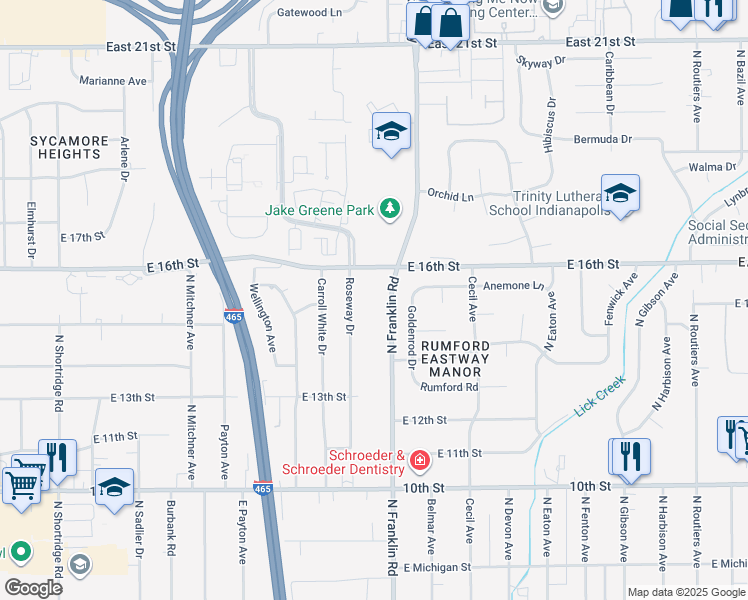 map of restaurants, bars, coffee shops, grocery stores, and more near 1548 North Franklin Road in Indianapolis