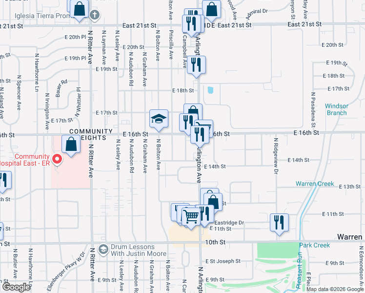 map of restaurants, bars, coffee shops, grocery stores, and more near 1408 North Campbell Avenue in Indianapolis
