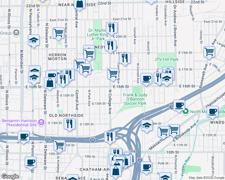 map of restaurants, bars, coffee shops, grocery stores, and more near 1532 North College Avenue in Indianapolis