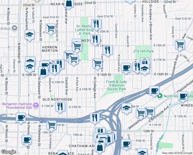 map of restaurants, bars, coffee shops, grocery stores, and more near 1532 North College Avenue in Indianapolis