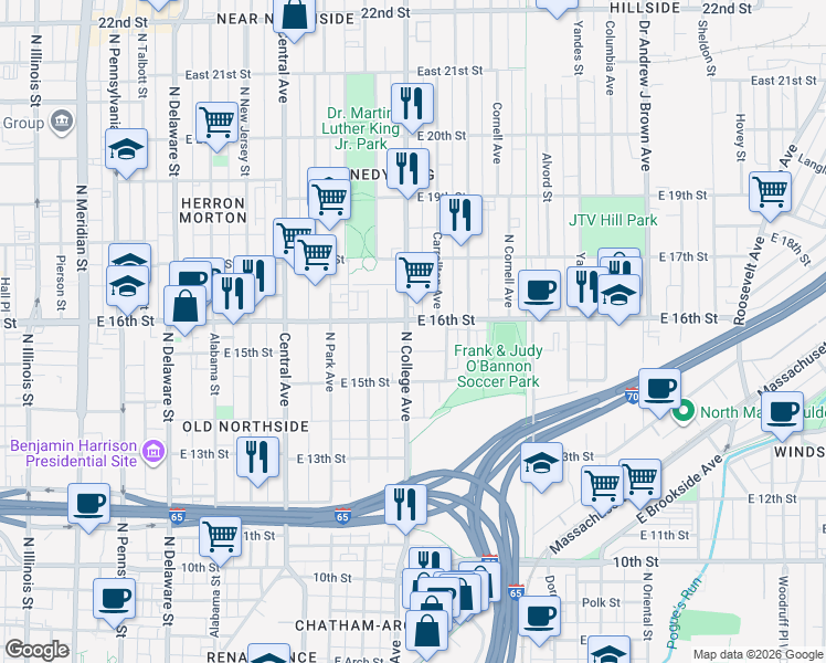 map of restaurants, bars, coffee shops, grocery stores, and more near 1532 North College Avenue in Indianapolis