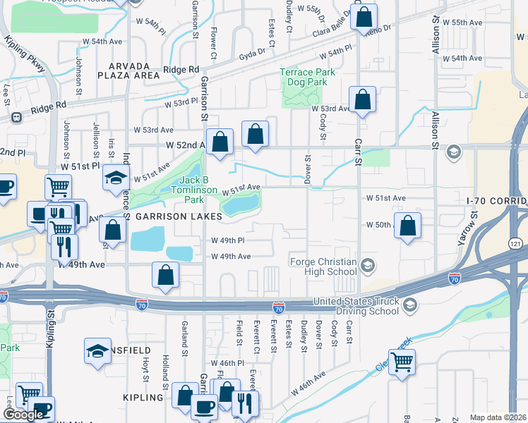 map of restaurants, bars, coffee shops, grocery stores, and more near 4989 Estes Court in Arvada