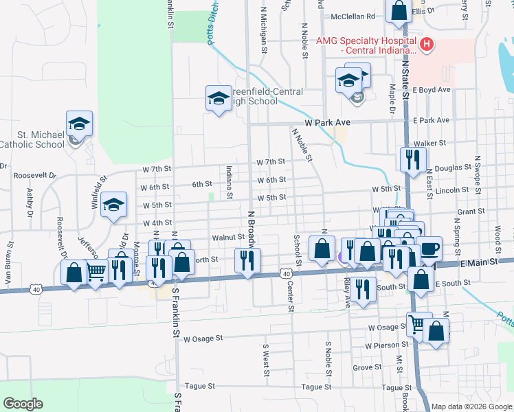 map of restaurants, bars, coffee shops, grocery stores, and more near 225 North Broadway Street in Greenfield