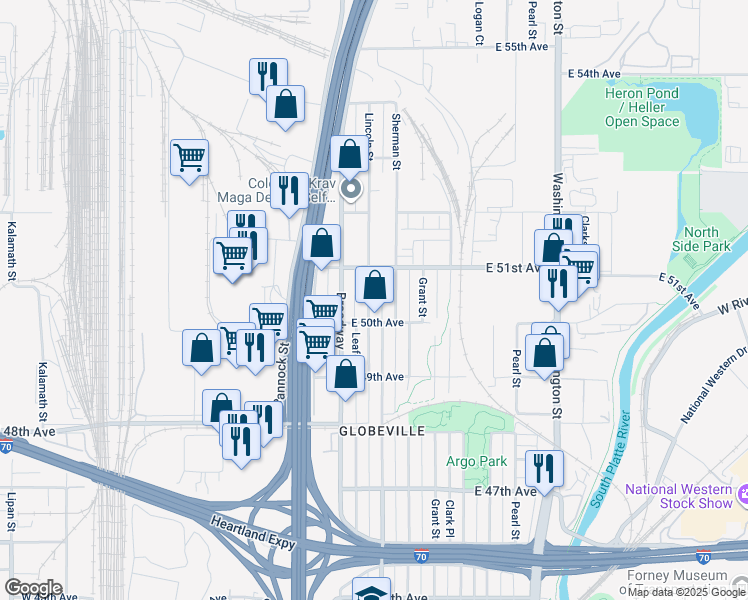 map of restaurants, bars, coffee shops, grocery stores, and more near 5001 Lincoln Street in Denver