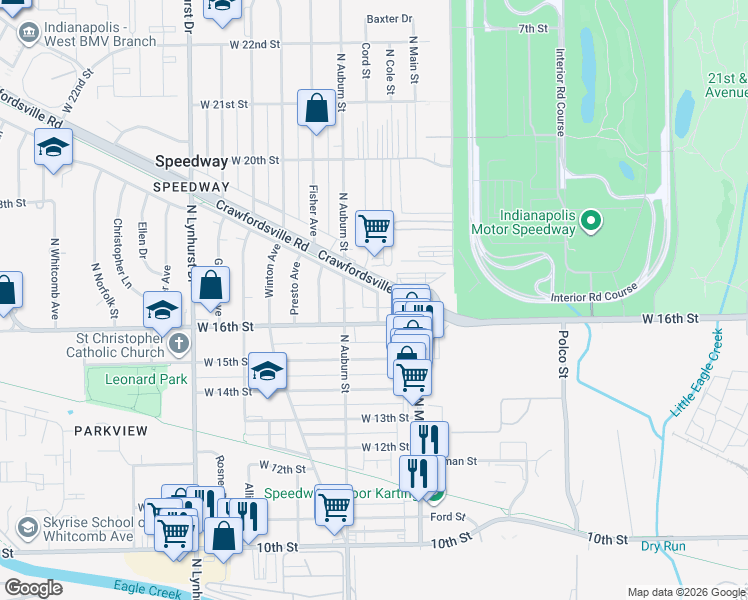 map of restaurants, bars, coffee shops, grocery stores, and more near 4936 West 16th Street in Indianapolis