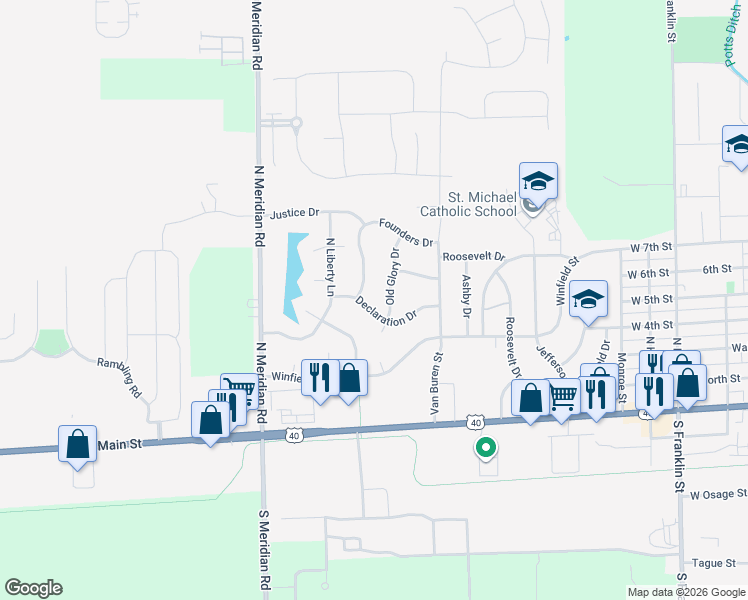 map of restaurants, bars, coffee shops, grocery stores, and more near 1976 Declaration Drive in Greenfield