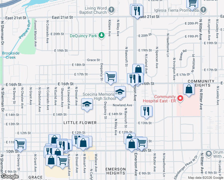 map of restaurants, bars, coffee shops, grocery stores, and more near 1451 Dequincy Street in Indianapolis