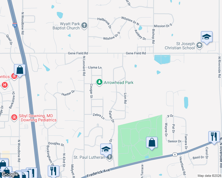 map of restaurants, bars, coffee shops, grocery stores, and more near 68 Leopard Circle in Saint Joseph
