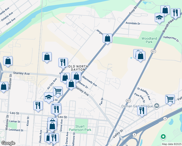 map of restaurants, bars, coffee shops, grocery stores, and more near 23 Macready Avenue in Dayton