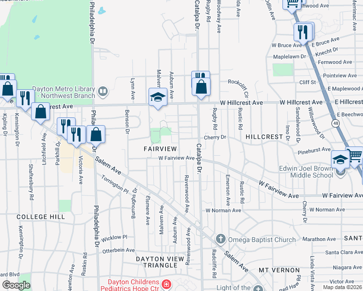 map of restaurants, bars, coffee shops, grocery stores, and more near 1025 West Fairview Avenue in Dayton