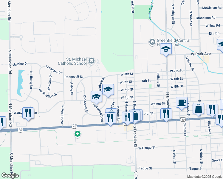 map of restaurants, bars, coffee shops, grocery stores, and more near 140 Polk Street in Greenfield