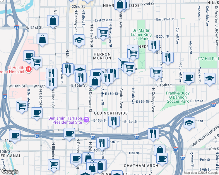 map of restaurants, bars, coffee shops, grocery stores, and more near 1502 North New Jersey Street in Indianapolis
