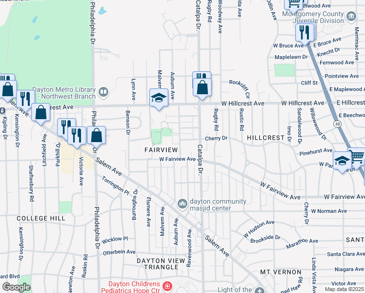 map of restaurants, bars, coffee shops, grocery stores, and more near 1025 West Fairview Avenue in Dayton
