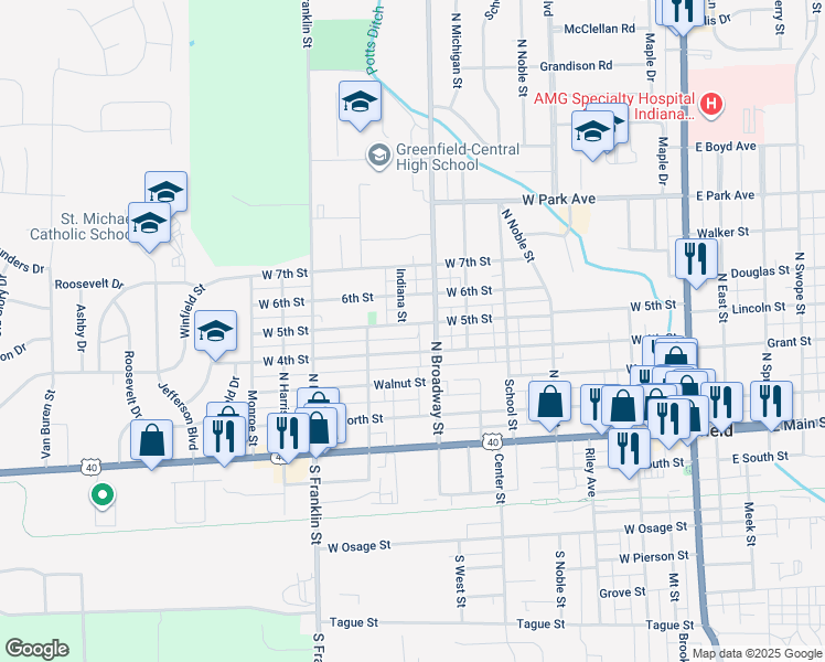 map of restaurants, bars, coffee shops, grocery stores, and more near 829 West 4th Street in Greenfield