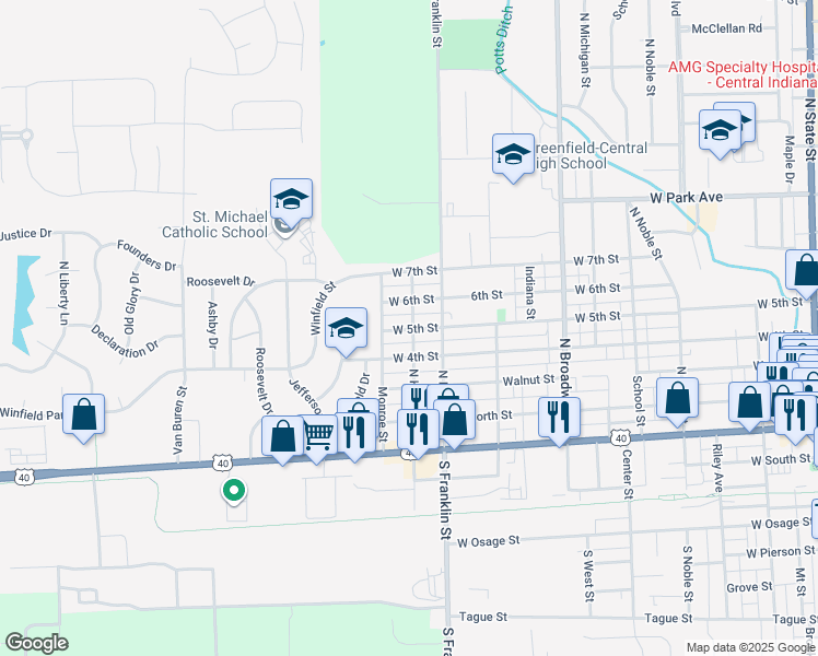 map of restaurants, bars, coffee shops, grocery stores, and more near 1028 West 4th Street in Greenfield