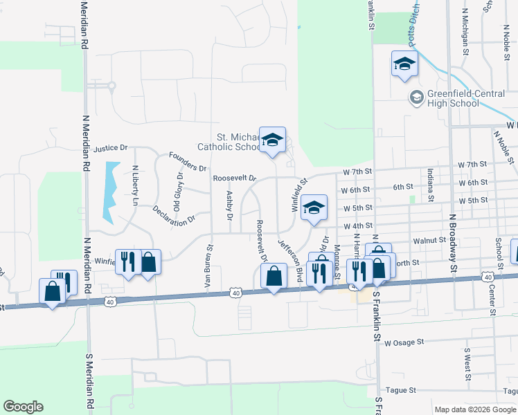 map of restaurants, bars, coffee shops, grocery stores, and more near 309 Roosevelt Drive in Greenfield