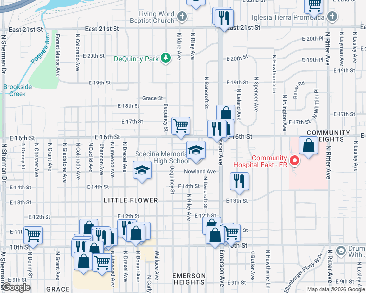 map of restaurants, bars, coffee shops, grocery stores, and more near 1451 Dequincy Street in Indianapolis
