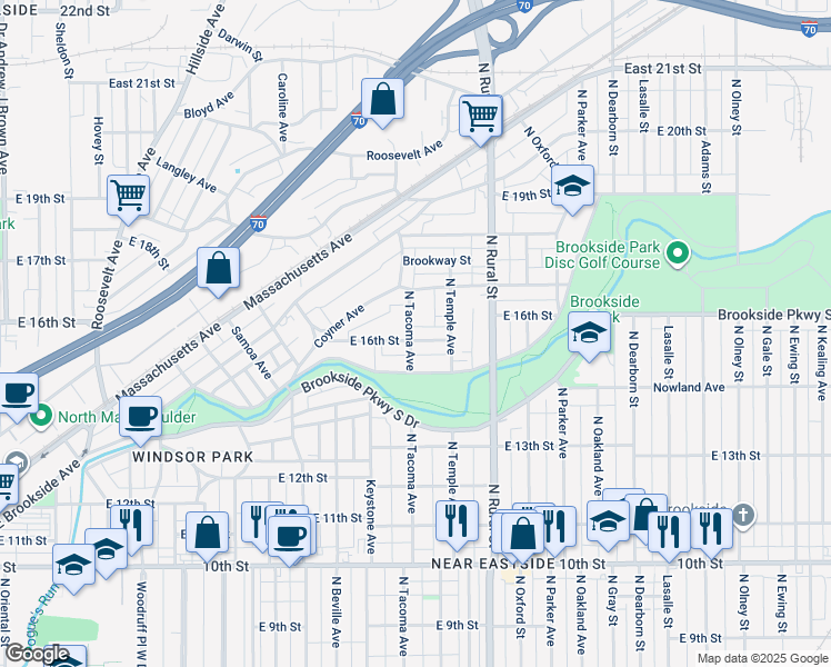 map of restaurants, bars, coffee shops, grocery stores, and more near 1521 North Tacoma Avenue in Indianapolis