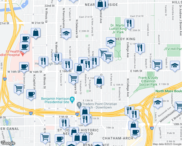map of restaurants, bars, coffee shops, grocery stores, and more near 1502 North New Jersey Street in Indianapolis