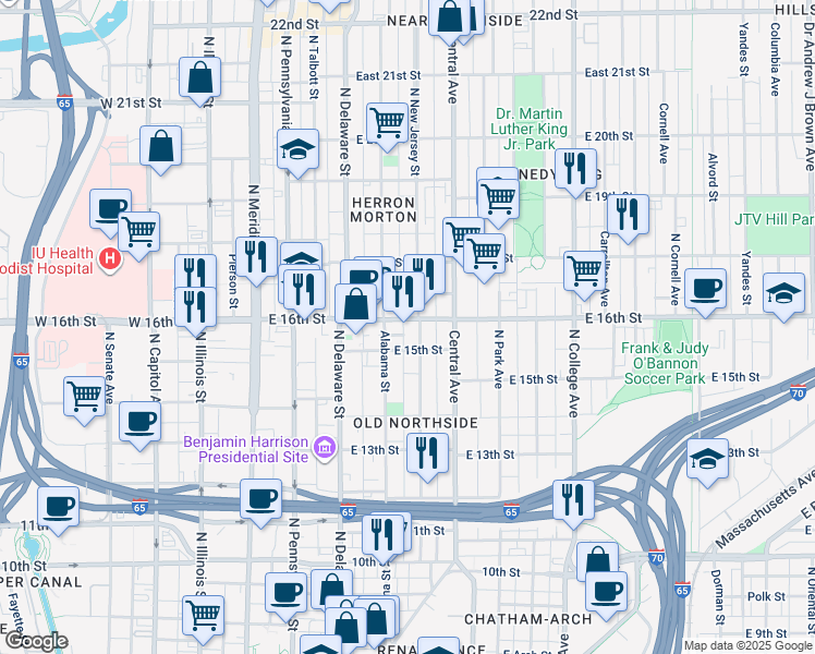 map of restaurants, bars, coffee shops, grocery stores, and more near 1502 North New Jersey Street in Indianapolis