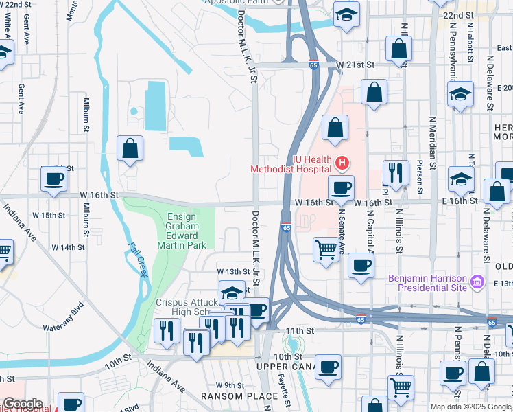 map of restaurants, bars, coffee shops, grocery stores, and more near 1500 Doctor Martin Luther King Junior Street in Indianapolis