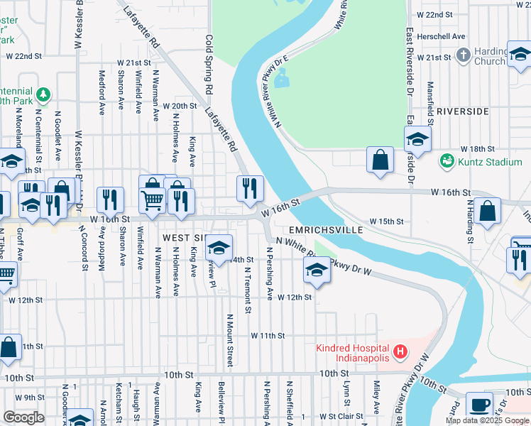 map of restaurants, bars, coffee shops, grocery stores, and more near 1453 North Tremont Street in Indianapolis