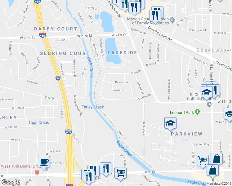 map of restaurants, bars, coffee shops, grocery stores, and more near 5921 Cadillac Drive in Speedway