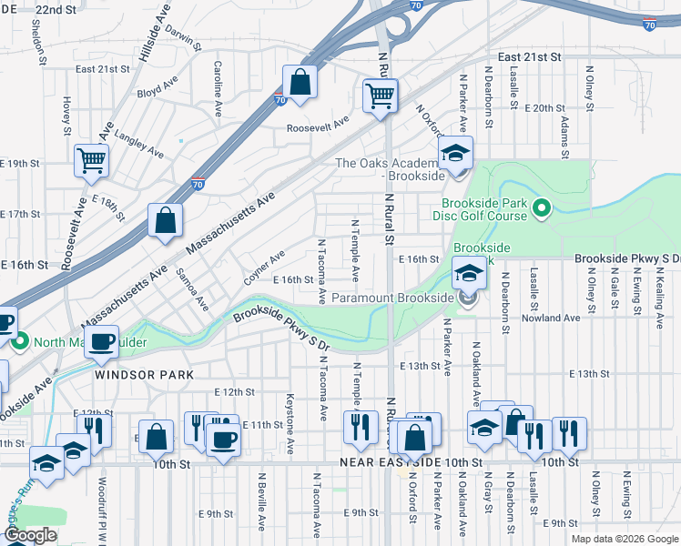 map of restaurants, bars, coffee shops, grocery stores, and more near 1521 North Tacoma Avenue in Indianapolis