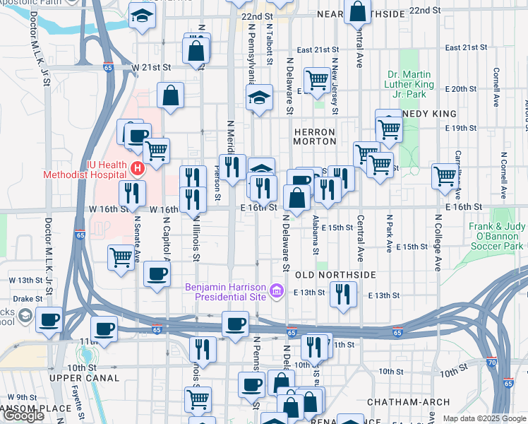 map of restaurants, bars, coffee shops, grocery stores, and more near 1455 North Pennsylvania Street in Indianapolis