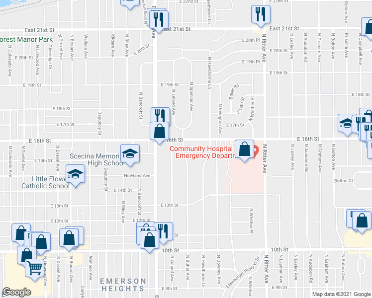 map of restaurants, bars, coffee shops, grocery stores, and more near 1547 North Butler Avenue in Indianapolis