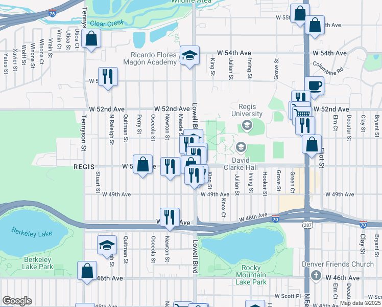 map of restaurants, bars, coffee shops, grocery stores, and more near 5025 Lowell Boulevard in Denver