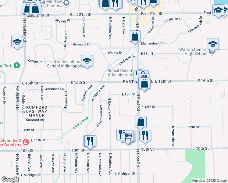 map of restaurants, bars, coffee shops, grocery stores, and more near 8807 East 16th Street in Indianapolis