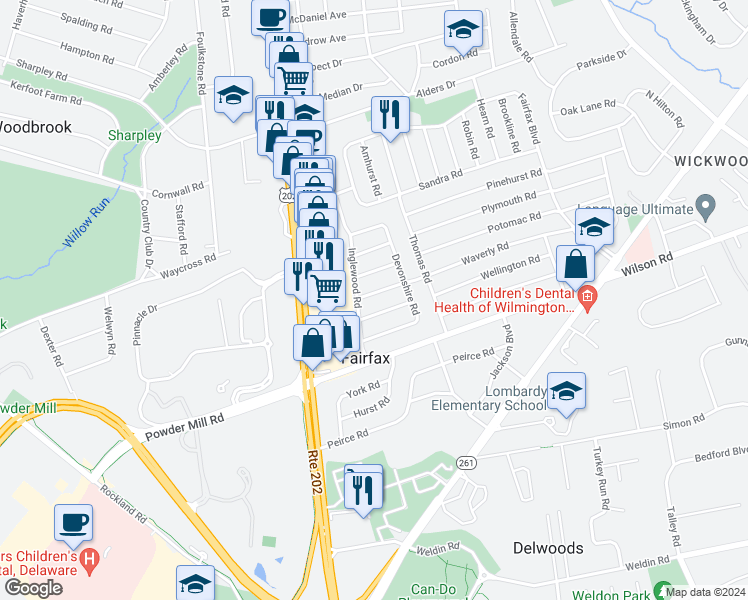 map of restaurants, bars, coffee shops, grocery stores, and more near 104 Waverly Road in Wilmington