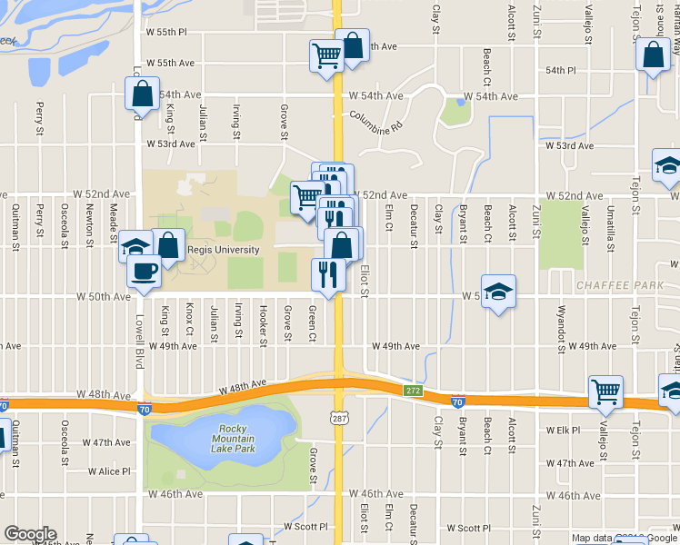 map of restaurants, bars, coffee shops, grocery stores, and more near 5044 Federal Blvd in Denver