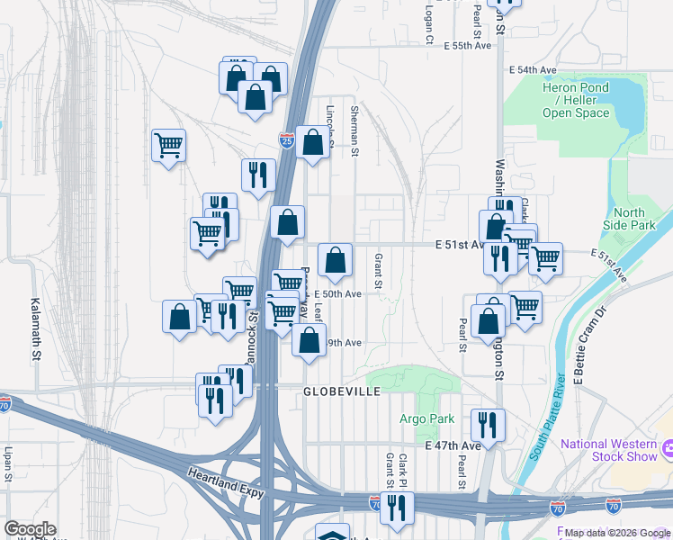 map of restaurants, bars, coffee shops, grocery stores, and more near 5085 Lincoln Street in Denver