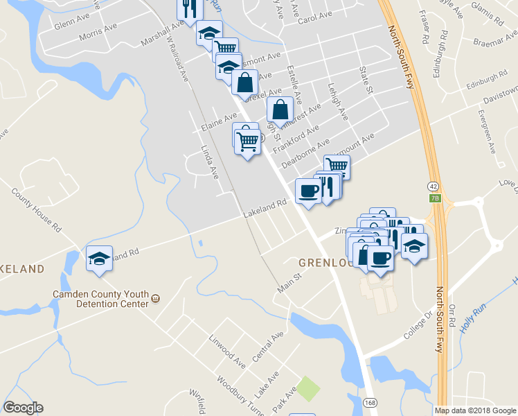map of restaurants, bars, coffee shops, grocery stores, and more near 71 Lakeland Road in Gloucester Township