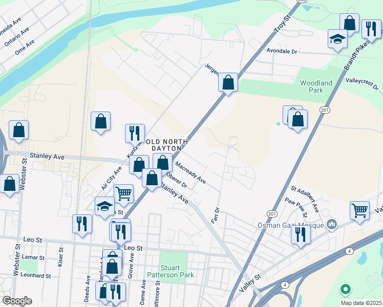 map of restaurants, bars, coffee shops, grocery stores, and more near 1726 Troy Street in Dayton