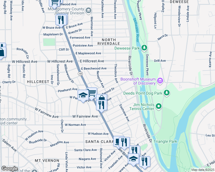 map of restaurants, bars, coffee shops, grocery stores, and more near 124 Basswood Avenue in Dayton