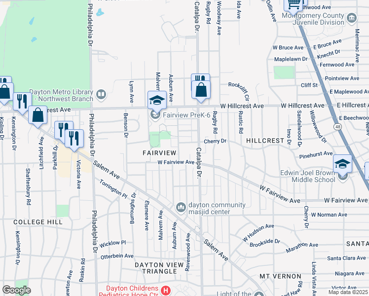 map of restaurants, bars, coffee shops, grocery stores, and more near 1019 Cherry Drive in Dayton
