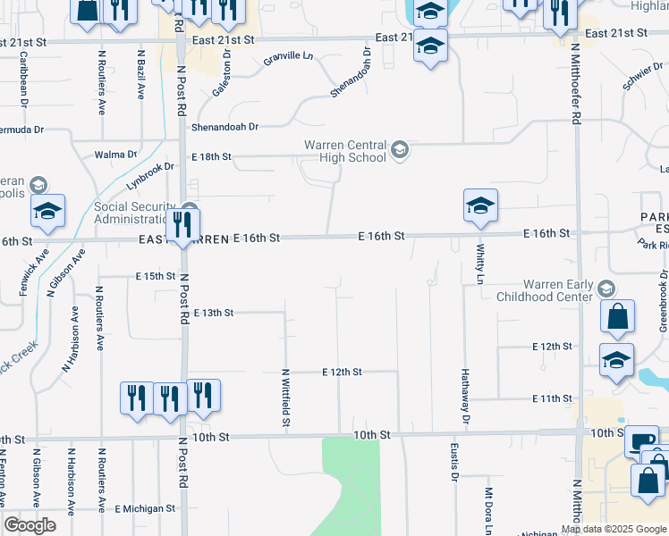 map of restaurants, bars, coffee shops, grocery stores, and more near 9301 East 16th Street in Indianapolis