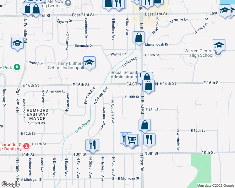 map of restaurants, bars, coffee shops, grocery stores, and more near 8807 East 16th Street in Indianapolis