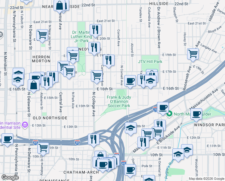 map of restaurants, bars, coffee shops, grocery stores, and more near 1615 Bellefontaine Street in Indianapolis