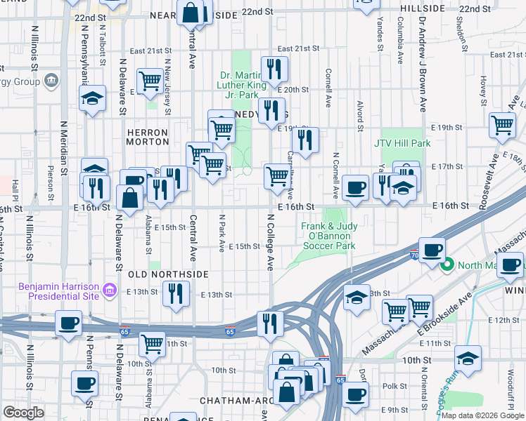 map of restaurants, bars, coffee shops, grocery stores, and more near 1602N North College Avenue in Indianapolis