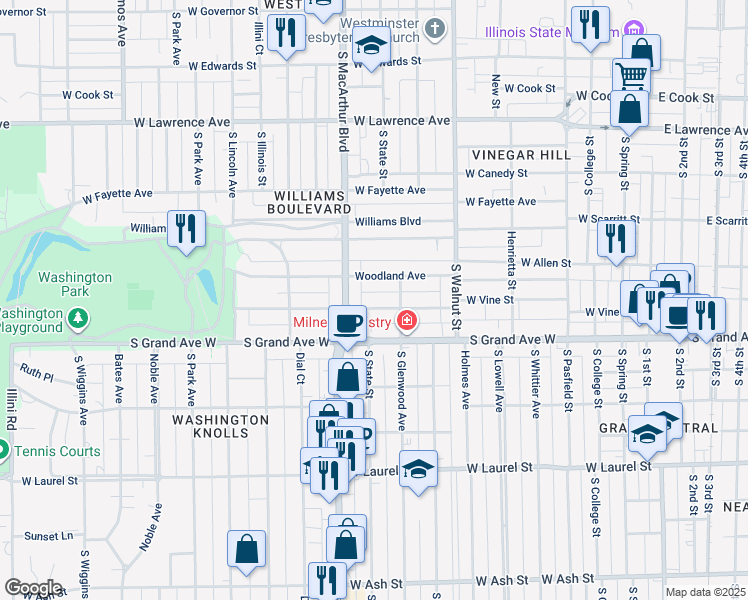 map of restaurants, bars, coffee shops, grocery stores, and more near 700-798 Woodland Avenue in Springfield